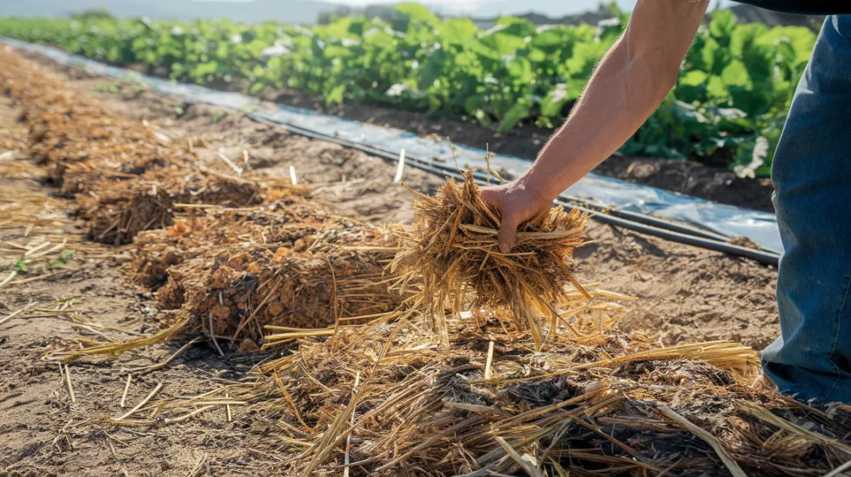Agricultor cubriendo el suelo con paja para reducir la evaporación y mejorar la retención de agua en verano.