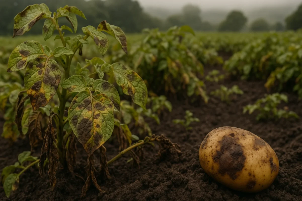 Planta de papa con síntomas de tizón tardío en campo húmedo de Nariño, muestra de daño fúngico por lluvias intensas