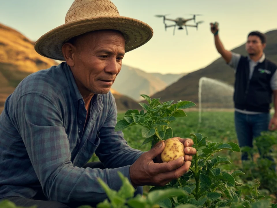 Agricultor de Nariño inspecciona cultivo de papa con asesoría de Futuragro y tecnología agrícola.
