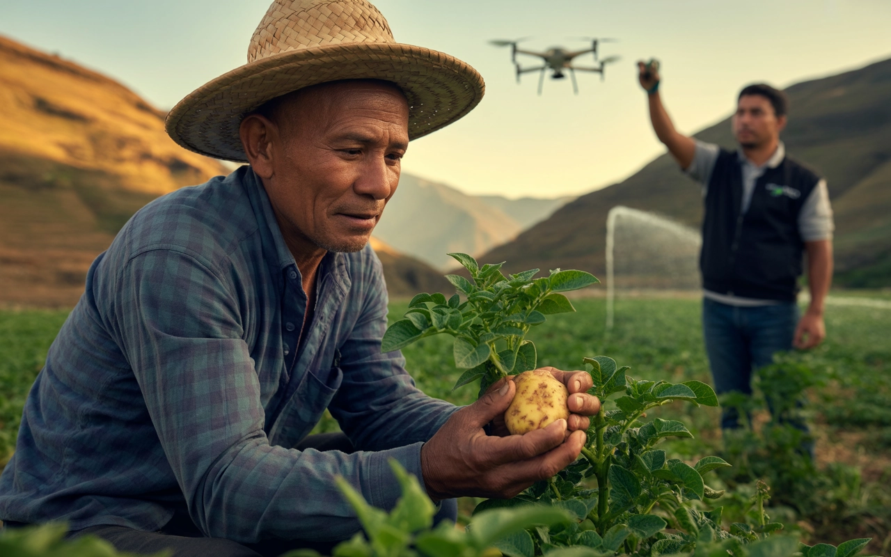 Agricultor de Nariño inspecciona cultivo de papa con asesoría de Futuragro y tecnología agrícola.