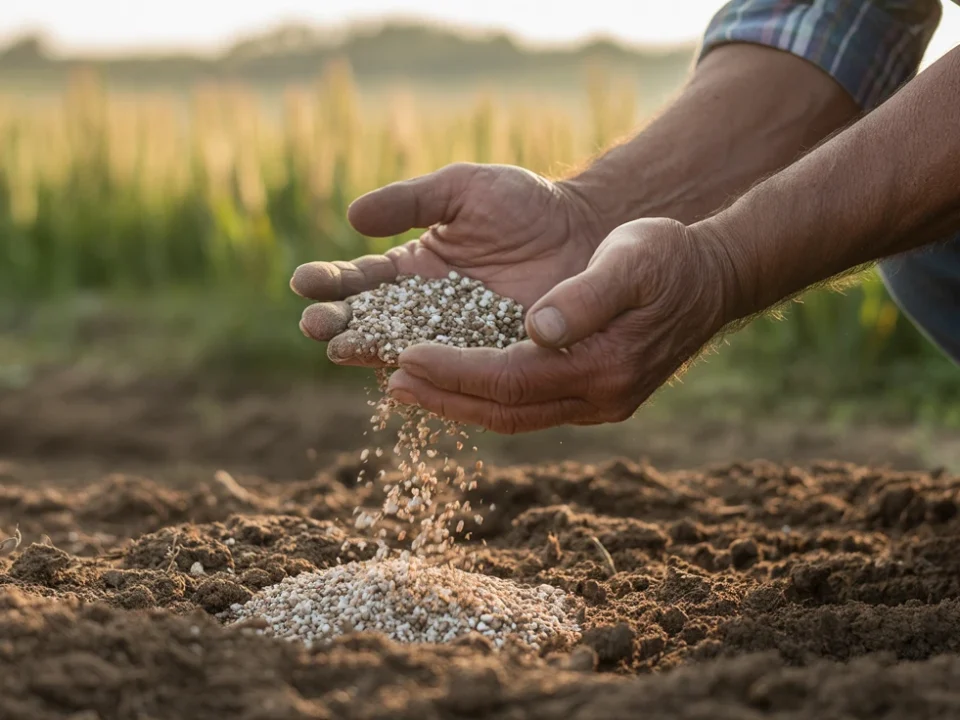 Manos de agricultor aplicando fertilizante en tierra fértil en Nariño.