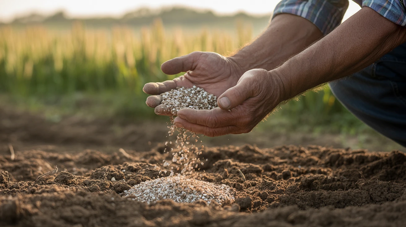Manos de agricultor aplicando fertilizante en tierra fértil en Nariño.