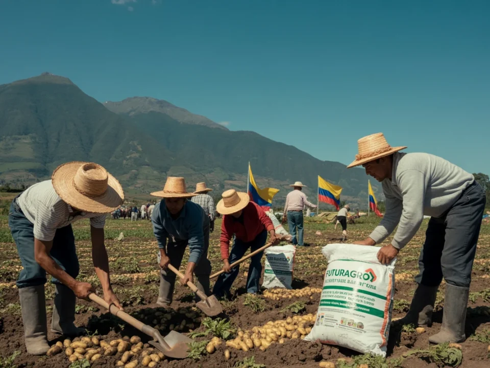 Campesinos de Nariño celebrando el Día del Campesino en un cultivo de papa con productos agrícolas de Futuragro.