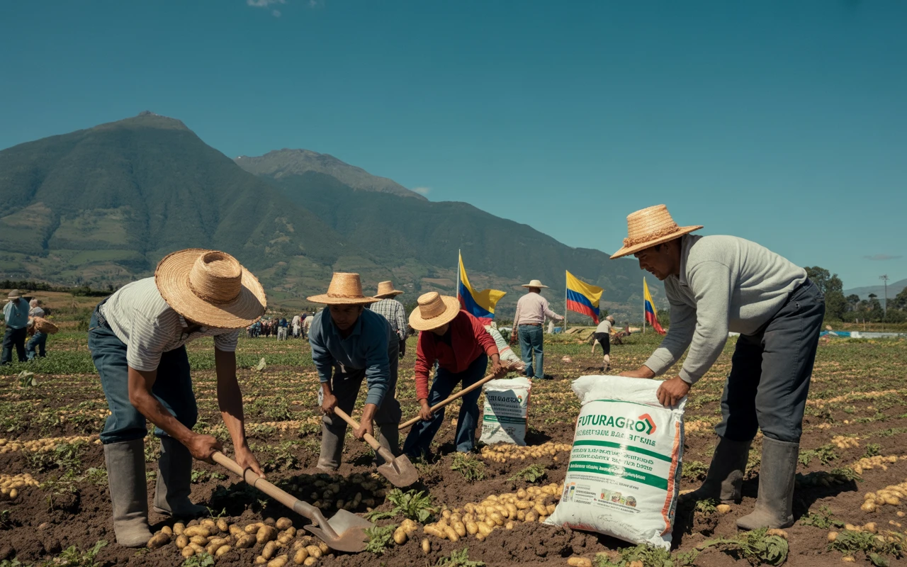 Campesinos de Nariño celebrando el Día del Campesino en un cultivo de papa con productos agrícolas de Futuragro.