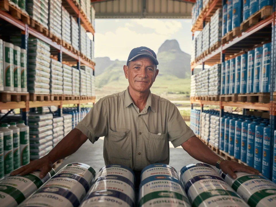 Distribuidor mayorista de insumos agrícolas en Pasto, Nariño, revisando inventario de fertilizantes y agroquímicos 2025