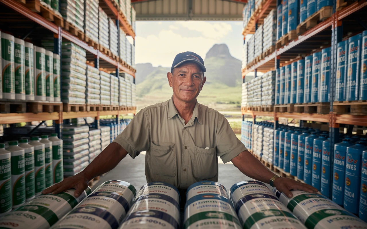 Distribuidor mayorista de insumos agrícolas en Pasto, Nariño, revisando inventario de fertilizantes y agroquímicos 2025