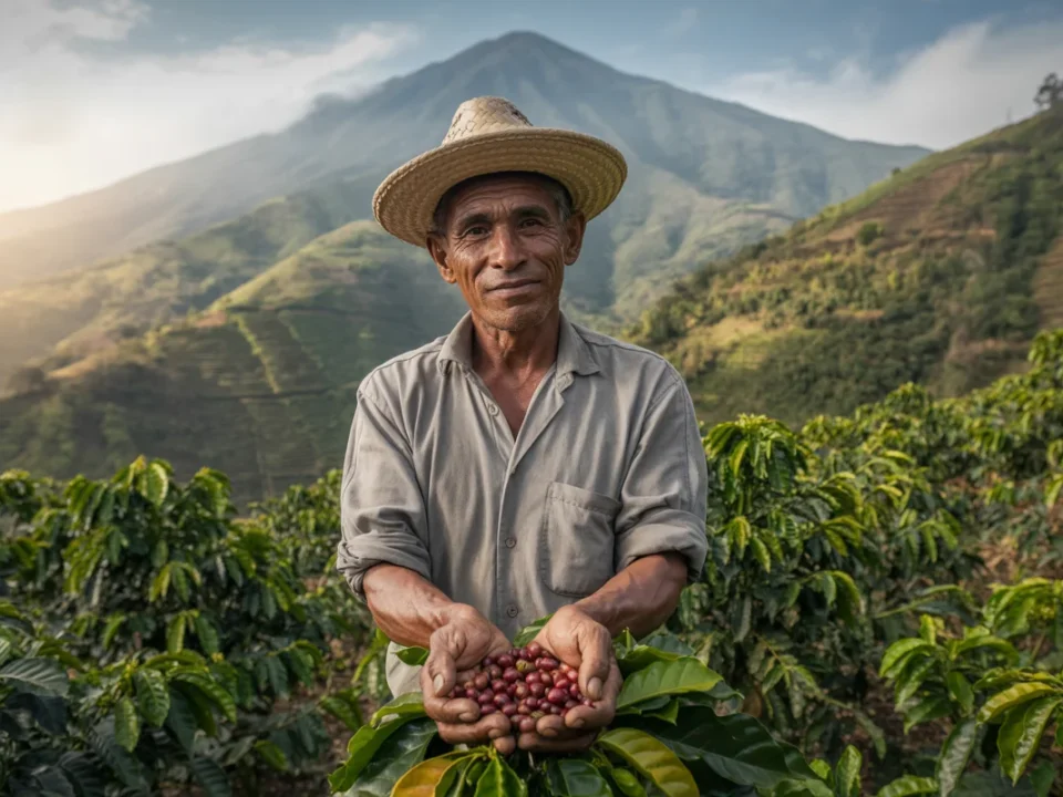 Ingeniero Carlos Gerardo Rosero examinando plantas de café en Nariño para control de broca y roya