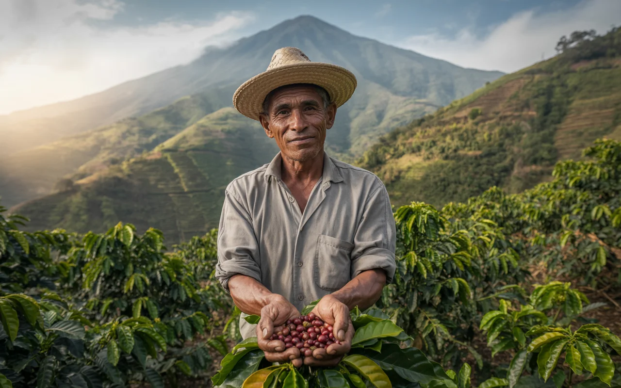 Ingeniero Carlos Gerardo Rosero examinando plantas de café en Nariño para control de broca y roya