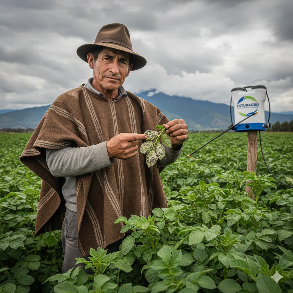 Don José Martínez agricultor Nariño muestra hoja papa afectada síntomas tizón tardío gota Phytophthora infestans manchas cafés
