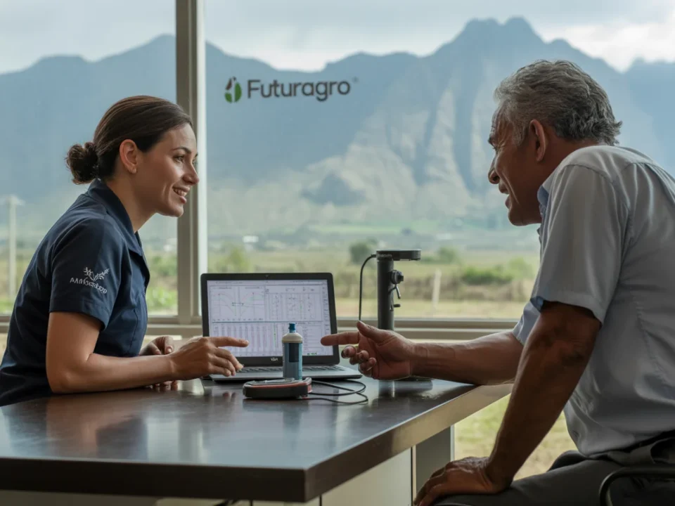 Ingeniera agrónoma Ana María Rodríguez de Futuragro asesorando a agricultor sobre errores en fertilización foliar en Pasto, Nariño