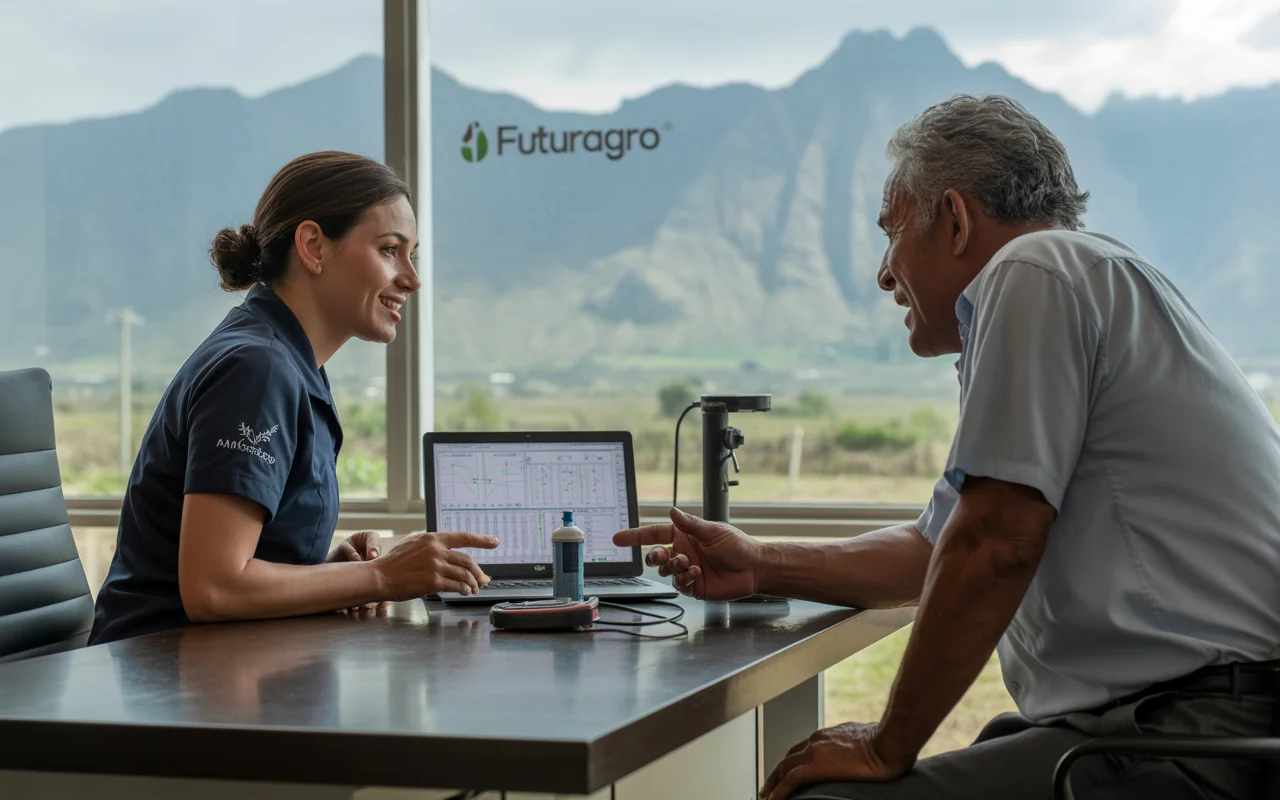 Ingeniera agrónoma Ana María Rodríguez de Futuragro asesorando a agricultor sobre errores en fertilización foliar en Pasto, Nariño