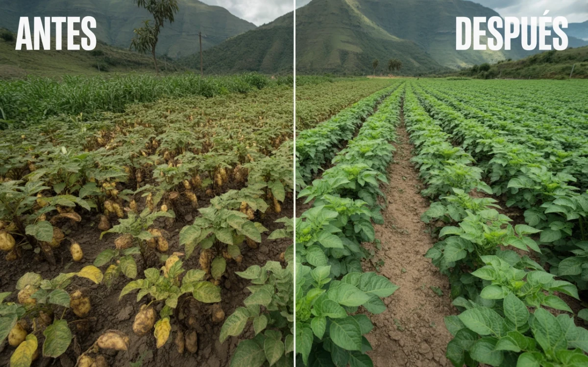 Comparación antes y después de aplicación de Roundup en cultivo de papa: campo infestado de malezas versus campo limpio con plantas vigorosas en Nariño