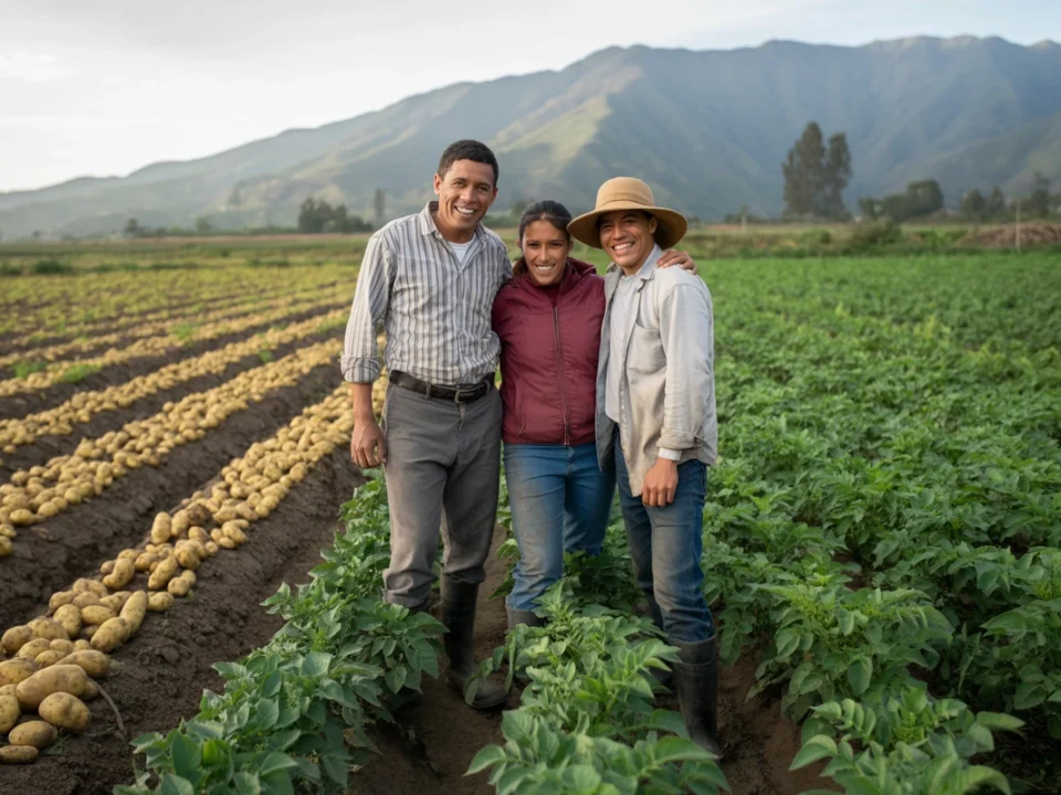 Familia de agricultores Guerrero en su cultivo de papa libre de malezas después de aplicar Roundup con asesoría de Futuragro en Nariño