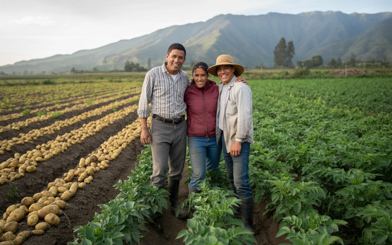 Familia de agricultores Guerrero en su cultivo de papa libre de malezas después de aplicar Roundup con asesoría de Futuragro en Nariño