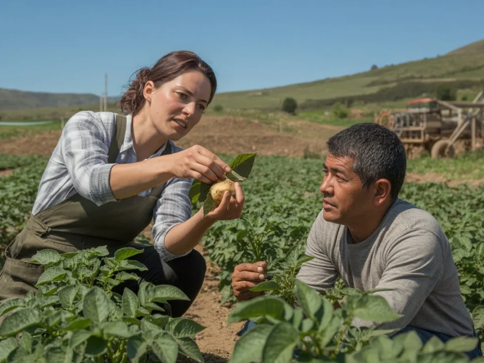 Ingeniera agrónoma asesorando agricultor sobre fases fenológicas del cultivo