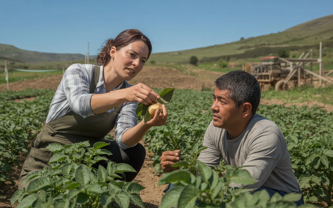 Ingeniera agrónoma asesorando agricultor sobre fases fenológicas del cultivo