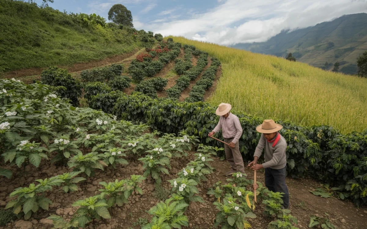 Campo agrícola mostrando distintas fases fenológicas de los cultivos