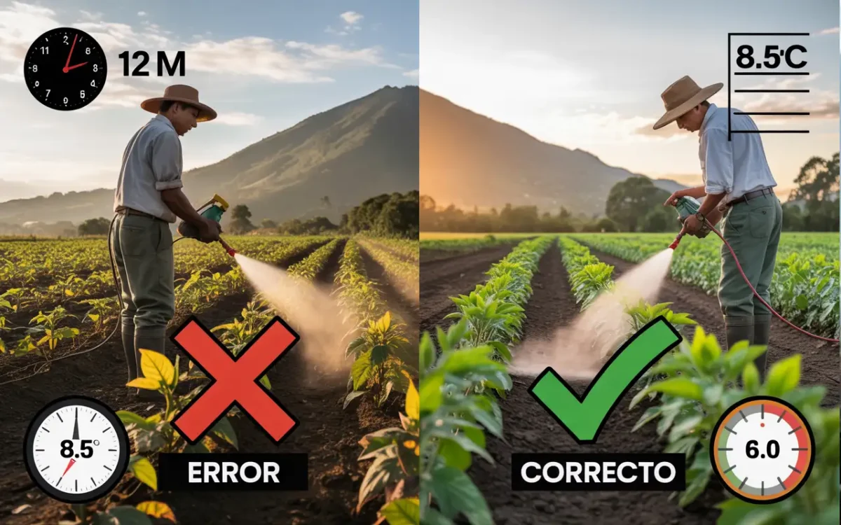 Infografía comparativa mostrando aplicación incorrecta al mediodía con pH alto versus aplicación correcta matutina con pH ajustado en cultivos de Nariño