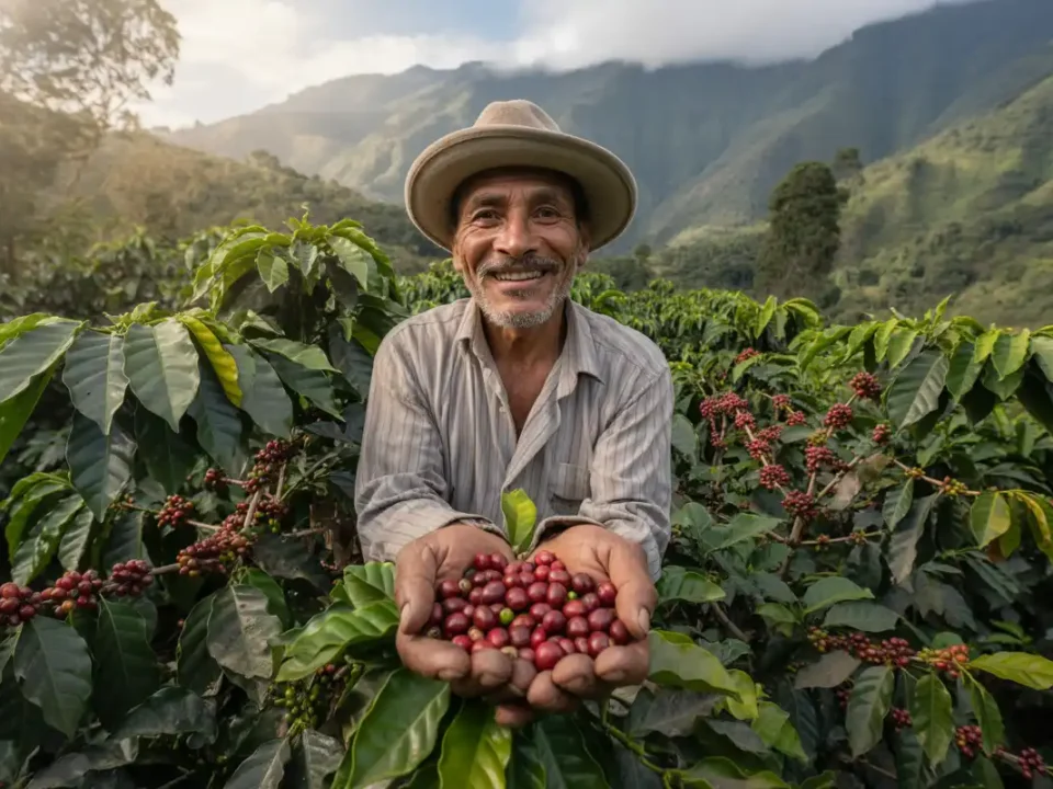 Caficultor Don Manuel en su finca La Esperanza mostrando plantas de café sanas después de controlar broca y roya con asesoría técnica de Futuragro en Sandoná, Nariño