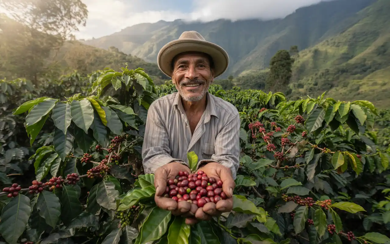 Caficultor Don Manuel en su finca La Esperanza mostrando plantas de café sanas después de controlar broca y roya con asesoría técnica de Futuragro en Sandoná, Nariño