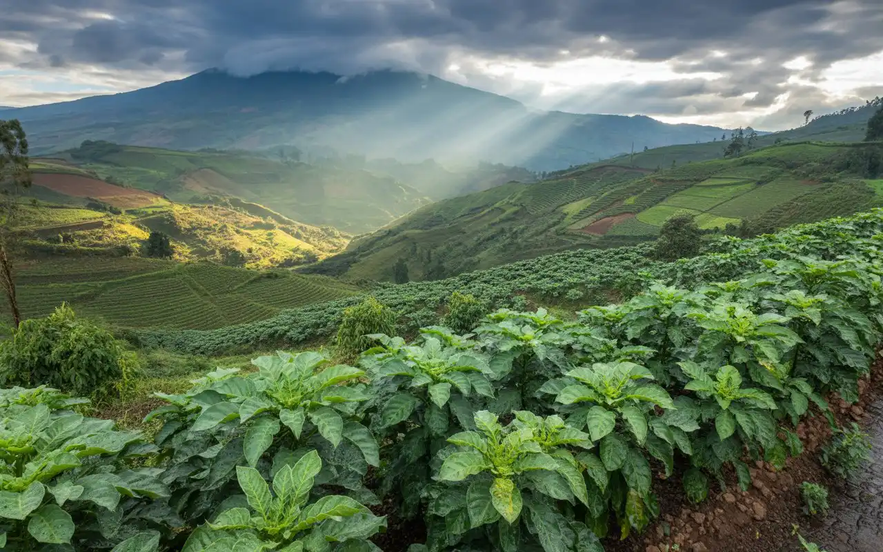 Cultivos de papa y café en Nariño durante el primer trimestre con lluvias típicas de febrero y marzo, volcán Galeras al fondo