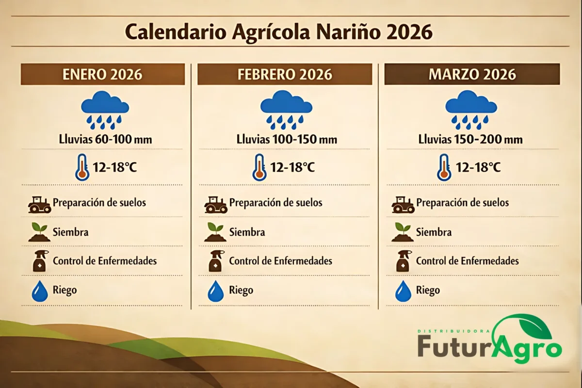 Infografía calendario agrícola del primer trimestre 2026 en Nariño mostrando actividades clave por mes: enero preparación, febrero siembra, marzo control fitosanitario