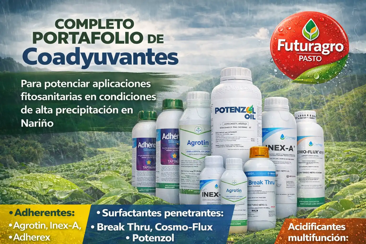 Línea de coadyuvantes y adherentes agrícolas Futuragro para proteger aplicaciones de la lluvia en Nariño: Agrotin, Potenzol, Inex-A, Break Thru