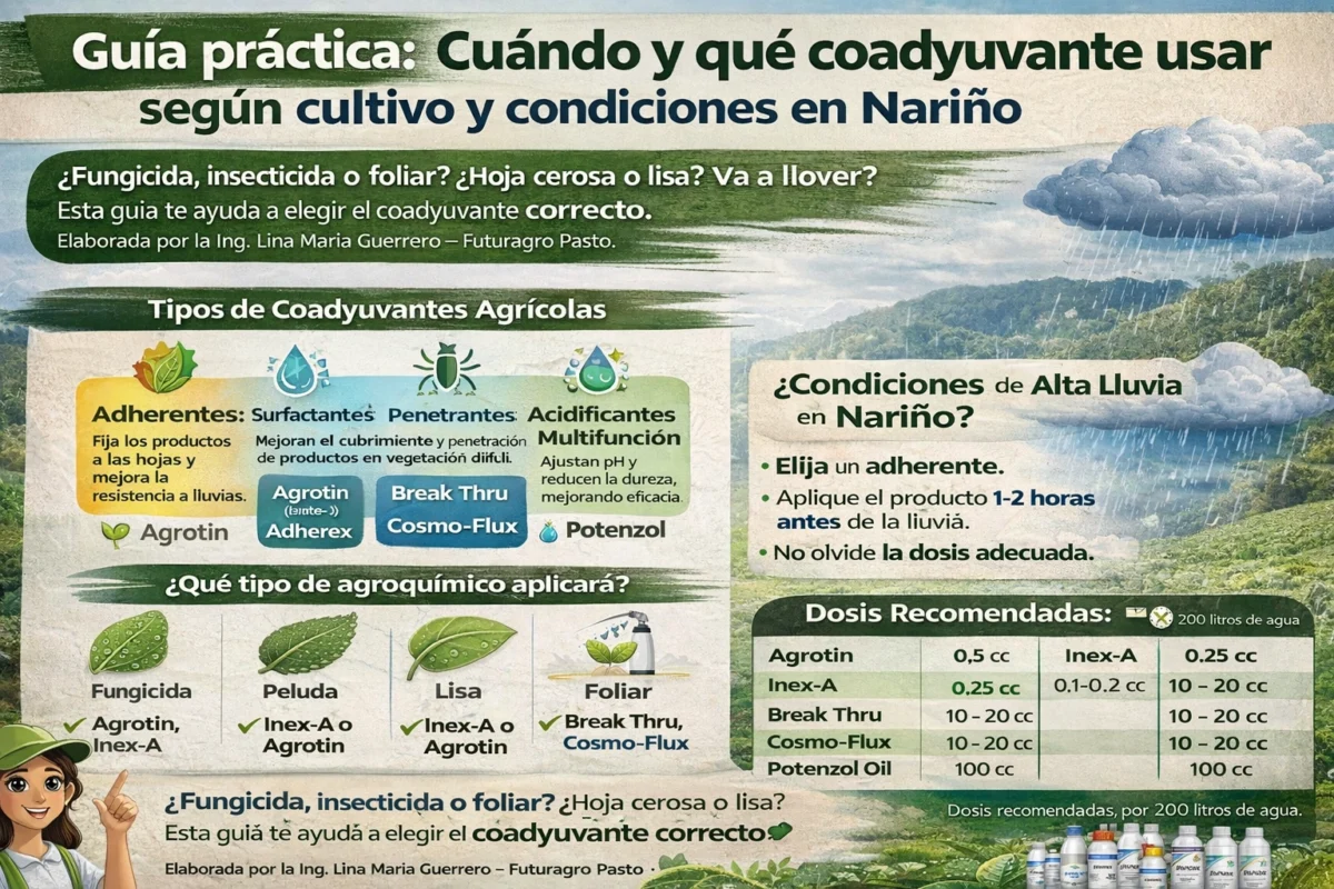 Infografía educativa mostrando tipos de coadyuvantes agrícolas, sus funciones y cuándo usar cada uno en cultivos de Nariño según Futuragro
