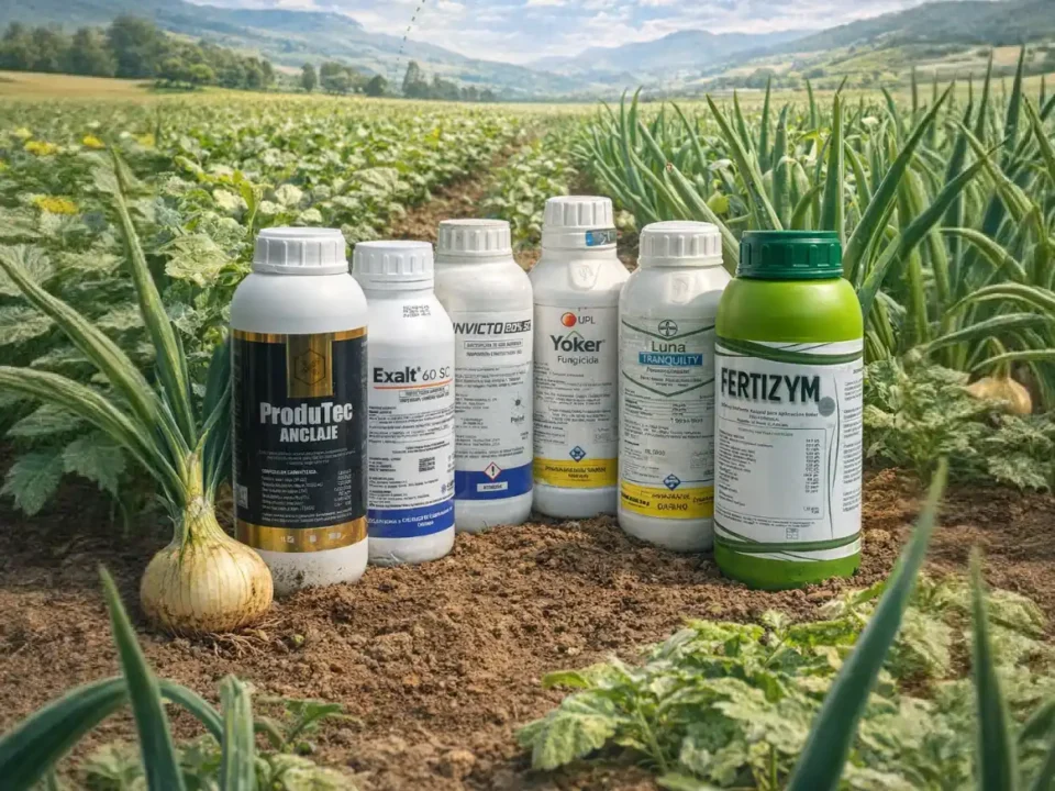 Línea completa de productos Futuragro para control de enfermedades y plagas en cebolla: Luna Tranquility, Amistar Top, Yoker, Invicto, Exalt, Produtec Anclaje y Fertizym