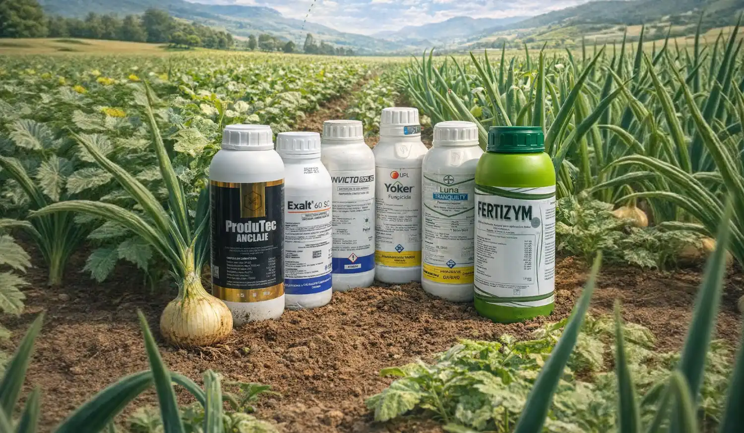Línea completa de productos Futuragro para control de enfermedades y plagas en cebolla: Luna Tranquility, Amistar Top, Yoker, Invicto, Exalt, Produtec Anclaje y Fertizym