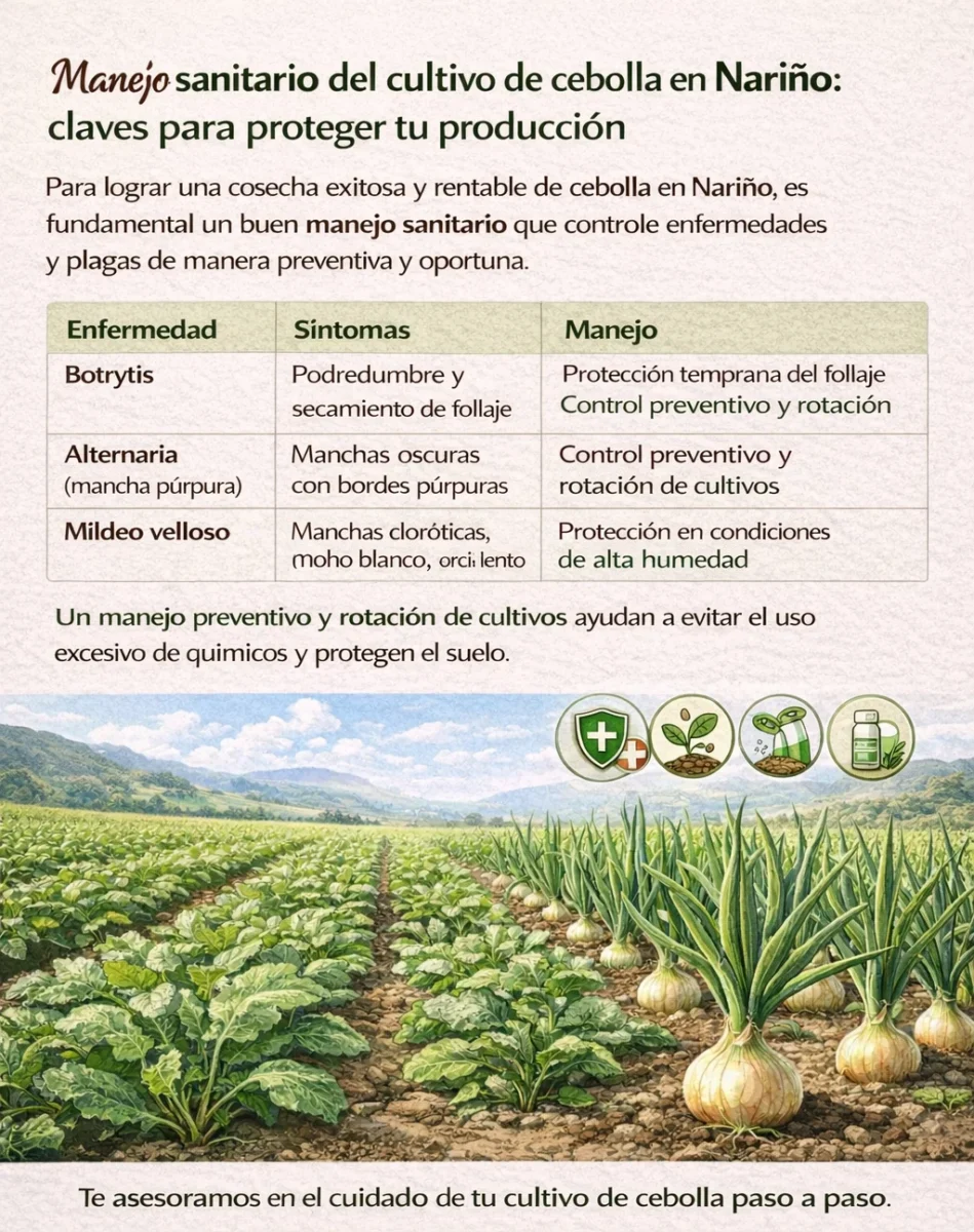 Tabla comparativa de principales enfermedades del cultivo de cebolla en Nariño mostrando síntomas, momentos críticos, enfoque de manejo y productos recomendados por Futuragro