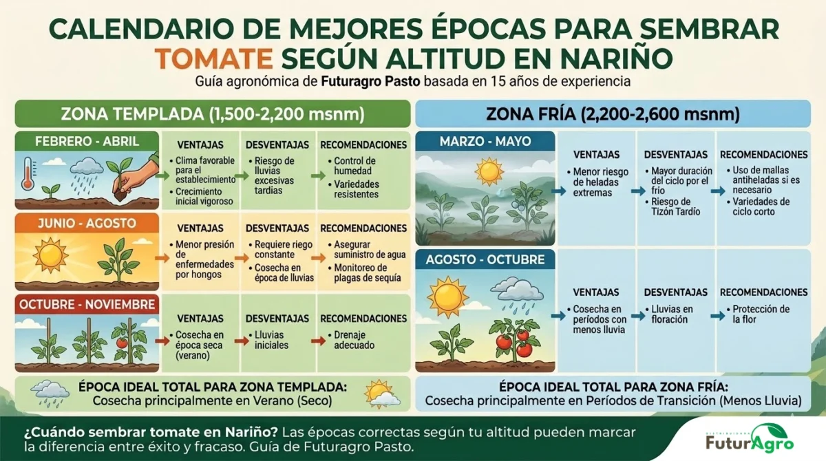 Infografía de calendario anual mostrando las mejores ventanas de siembra de tomate para zonas templadas y frías de Nariño según Futuragro
