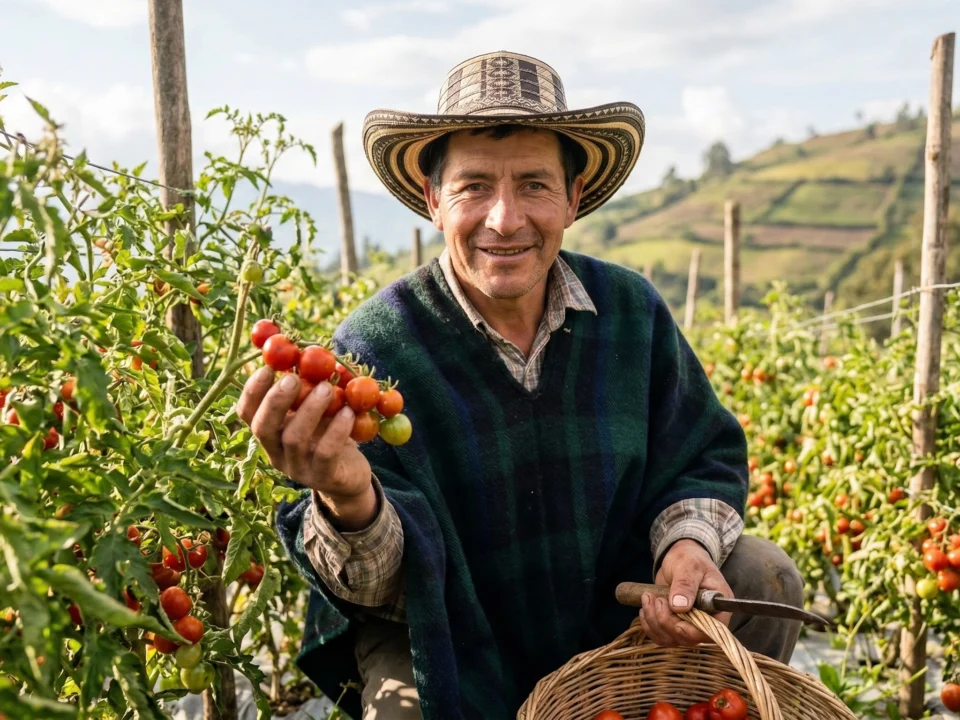 Fotografía realista de un campesino nariñense con ruana y sombrero recolectando tomates rojos frescos en un cultivo de ladera bajo el sol.