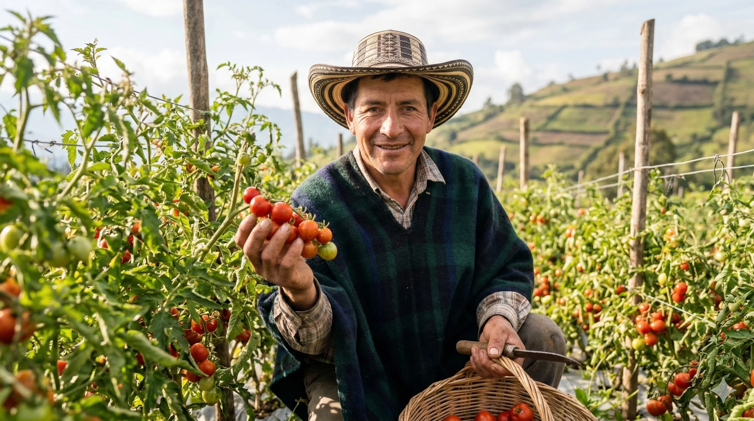 Fotografía realista de un campesino nariñense con ruana y sombrero recolectando tomates rojos frescos en un cultivo de ladera bajo el sol.