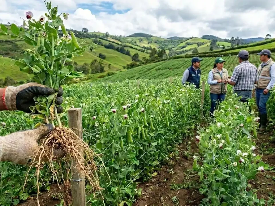 Cultivo de arveja en desarrollo en Nariño mostrando plantas vigorosas con vainas en formación, resultado de un manejo técnico adecuado