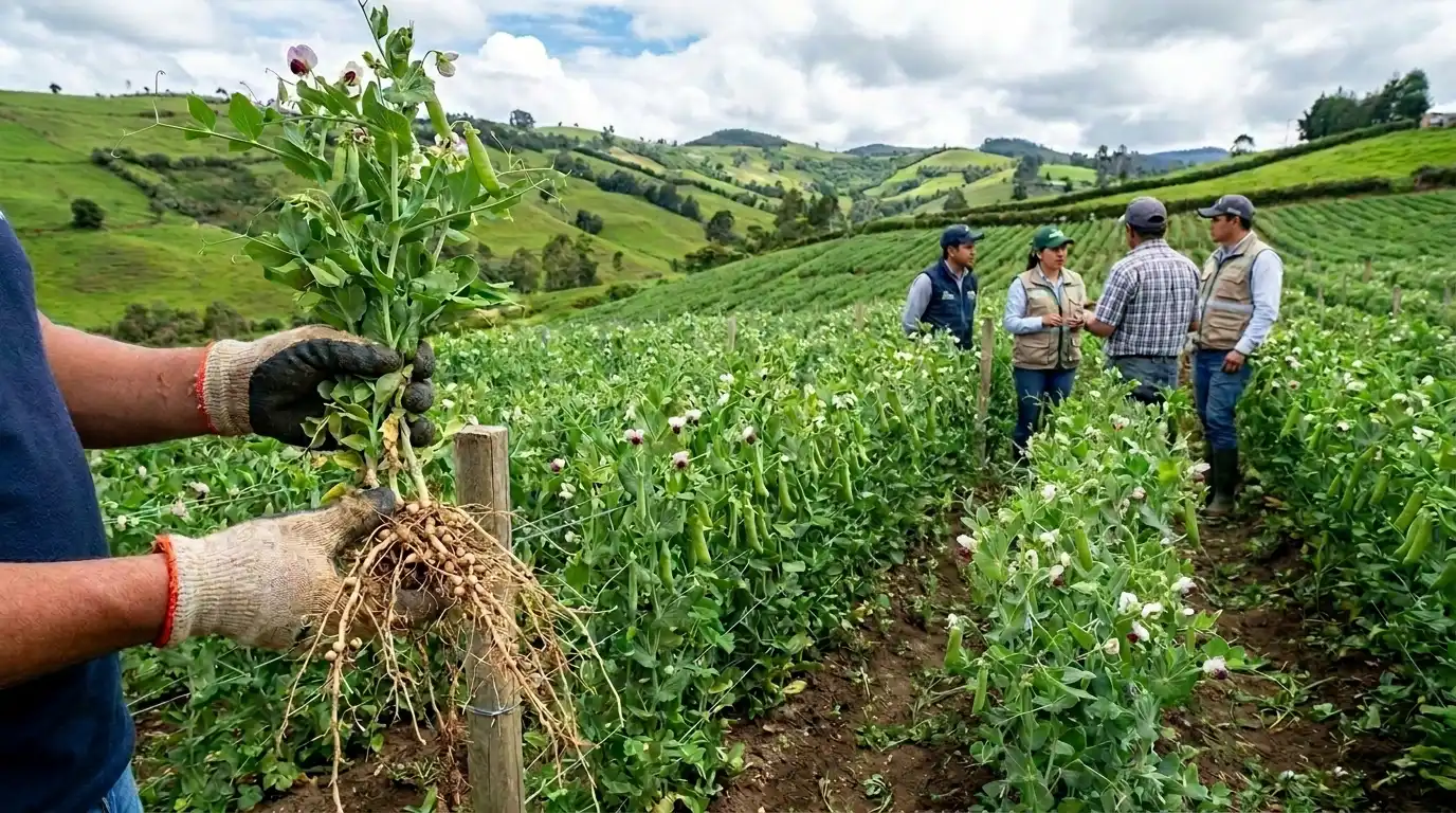 Cultivo de arveja en desarrollo en Nariño mostrando plantas vigorosas con vainas en formación, resultado de un manejo técnico adecuado
