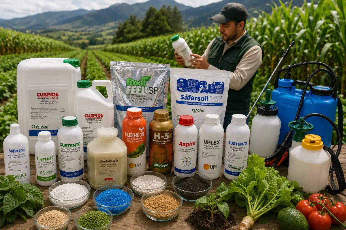 Infografía mostrando las seis líneas de productos de Futuragro: herbicidas, fungicidas e insecticidas, fertilizantes, bioestimulantes, coadyuvantes y equipos agrícolas