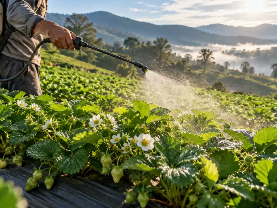 Agricultor aplicando bioestimulante foliar con bomba de espalda en cultivo de fresa en floración en Nariño