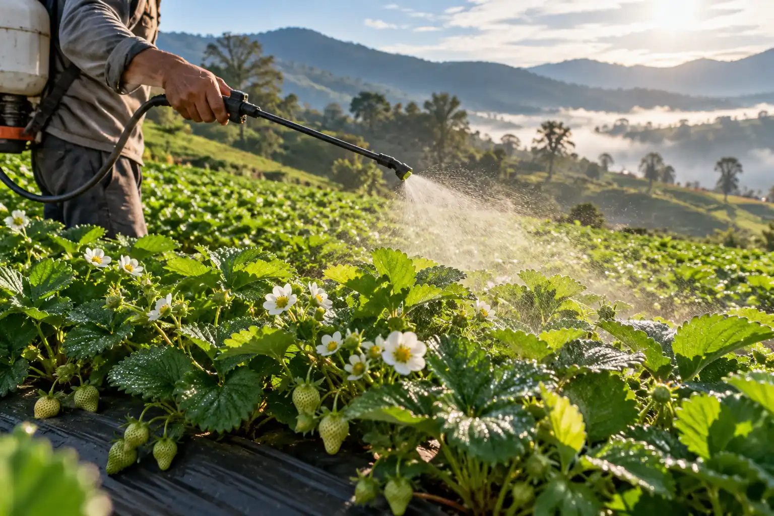 Agricultor aplicando bioestimulante foliar con bomba de espalda en cultivo de fresa en floración en Nariño